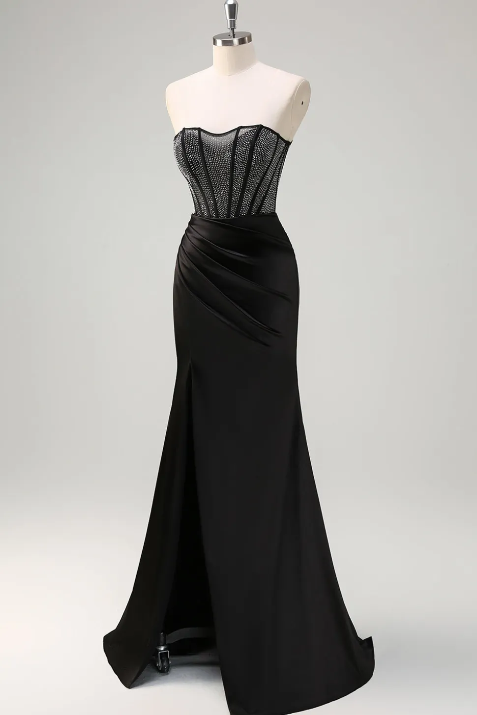 Sereia Preta Strapless Ruched Cetim Corset Long Prom Dress with Beading