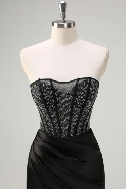 Sereia Preta Strapless Ruched Cetim Corset Long Prom Dress with Beading