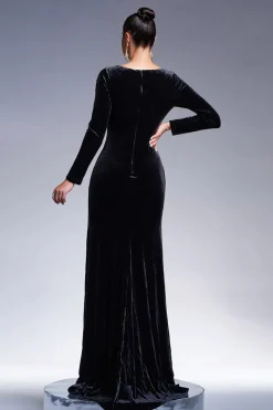 Sereia Preta V Pescoço Mangas Longas Tassels Veludo Vestido Formal Longo com Fenda