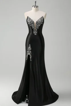 Sereia Preta V Pescoço Strapless Long Prom Dress com Missangas