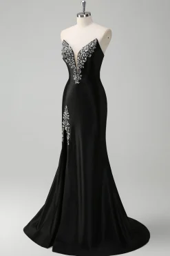 Sereia Preta V Pescoço Strapless Long Prom Dress com Missangas