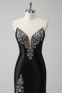 Sereia Preta V Pescoço Strapless Long Prom Dress com Missangas