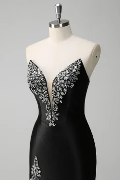 Sereia Preta V Pescoço Strapless Long Prom Dress com Missangas
