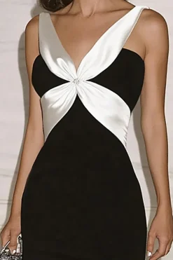 Sereia preta V-neck cetim longo vestido de bola militar com fenda