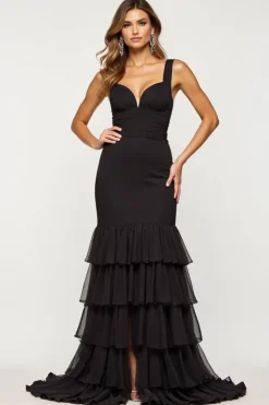 Sereia Preta V-Neck Tiered Cetim Organza Prom Dress