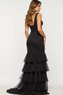 Sereia Preta V-Neck Tiered Cetim Organza Prom Dress