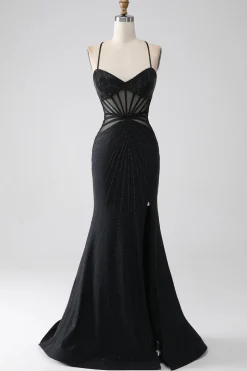 Sereia Preto Esparguete Alças Longo Vestido de Baile com Fenda