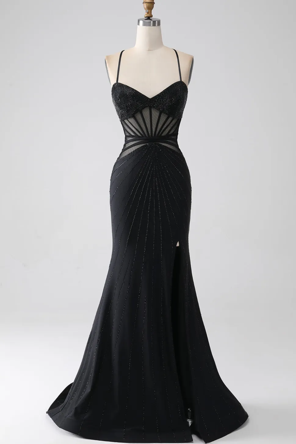 Sereia Preto Esparguete Alças Longo Vestido de Baile com Fenda