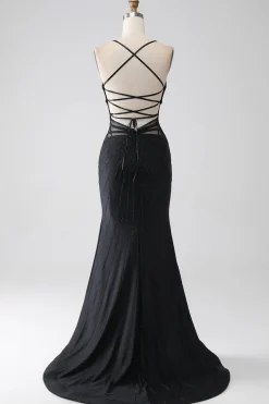 Sereia Preto Esparguete Alças Longo Vestido de Baile com Fenda