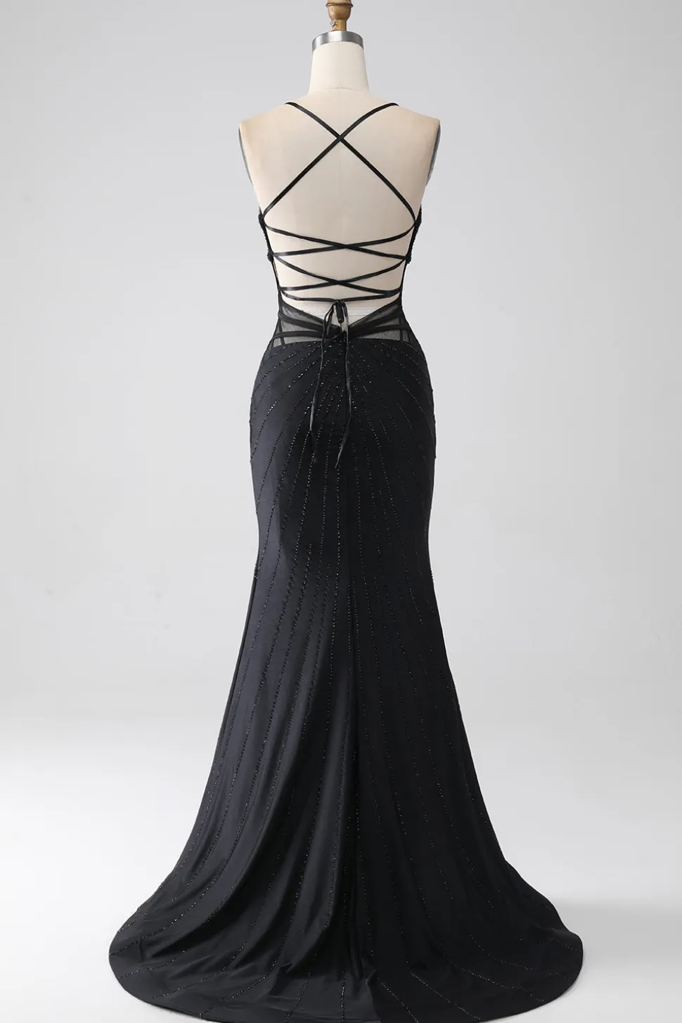 Sereia Preto Esparguete Alças Longo Vestido de Baile com Fenda