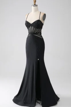 Sereia Preto Esparguete Alças Longo Vestido de Baile com Fenda