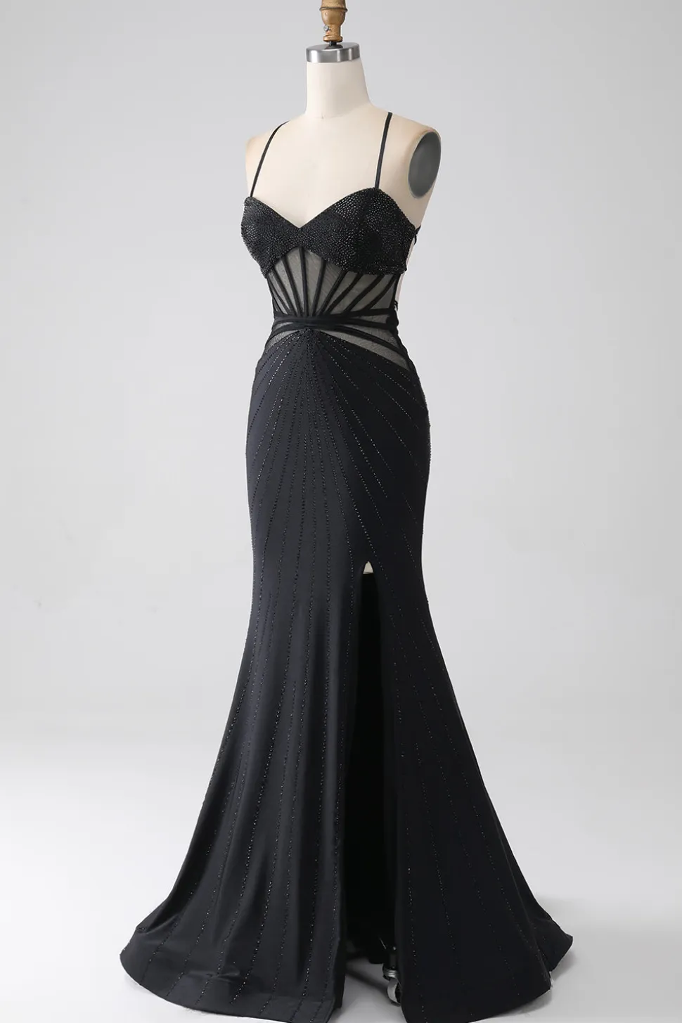 Sereia Preto Esparguete Alças Longo Vestido de Baile com Fenda
