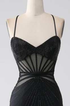 Sereia Preto Esparguete Alças Longo Vestido de Baile com Fenda