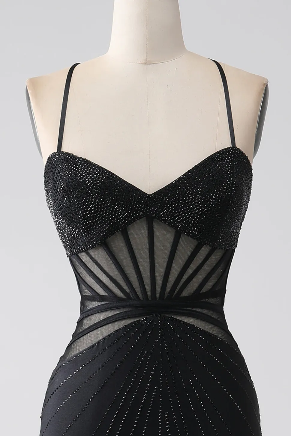 Sereia Preto Esparguete Alças Longo Vestido de Baile com Fenda