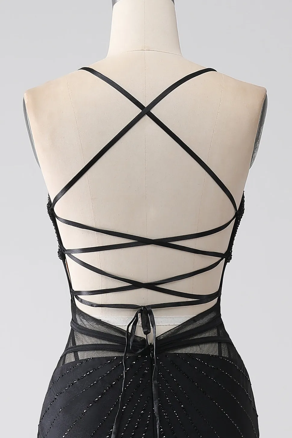 Sereia Preto Esparguete Alças Longo Vestido de Baile com Fenda