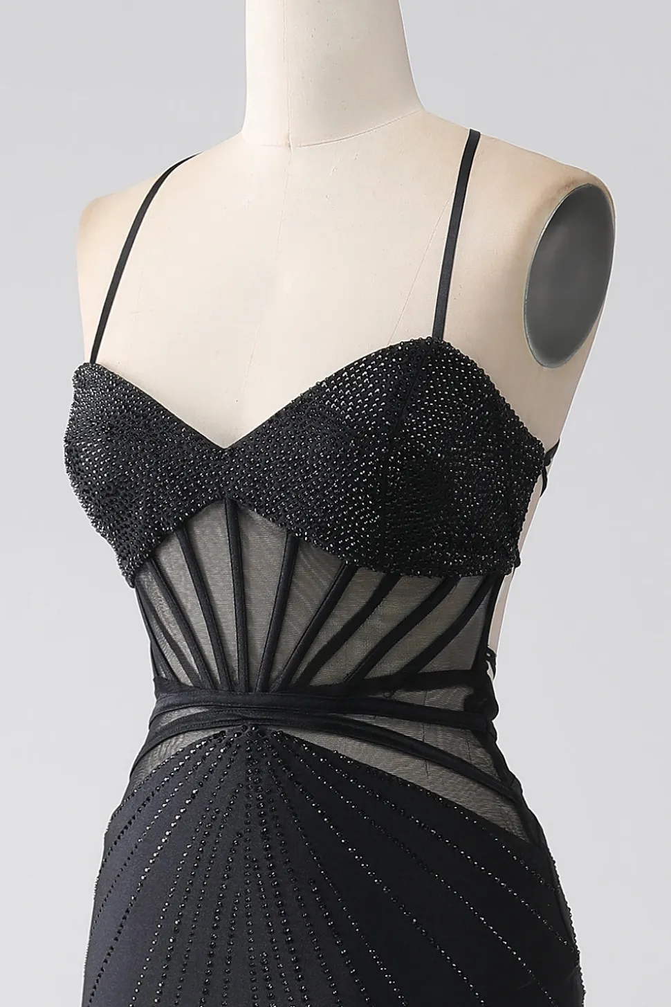 Sereia Preto Esparguete Alças Longo Vestido de Baile com Fenda