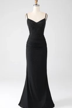 Sereia Preto Frisado Vestido de Baile com Folhos