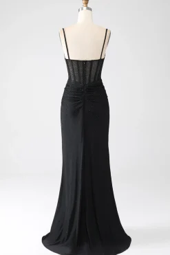 Sereia Preto Frisado Vestido de Baile com Folhos