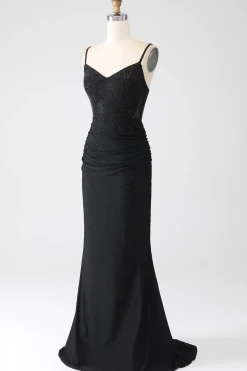 Sereia Preto Frisado Vestido de Baile com Folhos