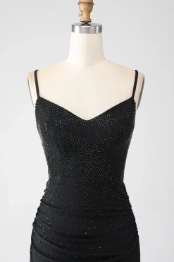 Sereia Preto Frisado Vestido de Baile com Folhos