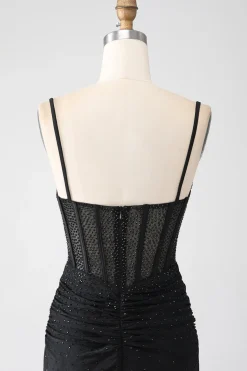Sereia Preto Frisado Vestido de Baile com Folhos
