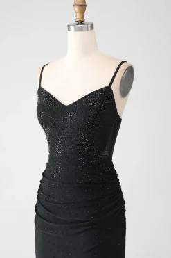 Sereia Preto Frisado Vestido de Baile com Folhos