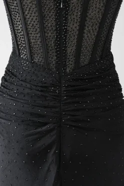 Sereia Preto Frisado Vestido de Baile com Folhos