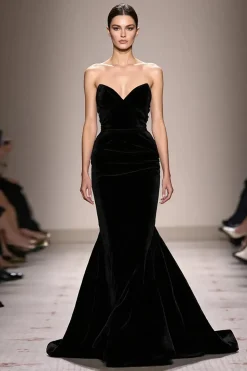 Sereia Preto Veludo Strapless Vestido de Noite Longo