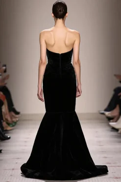 Sereia Preto Veludo Strapless Vestido de Noite Longo