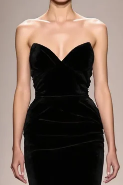 Sereia Preto Veludo Strapless Vestido de Noite Longo