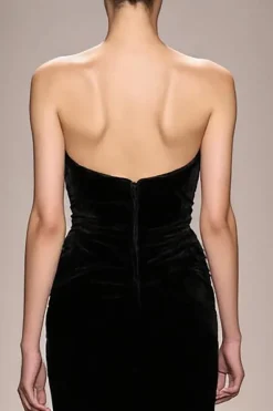 Sereia Preto Veludo Strapless Vestido de Noite Longo