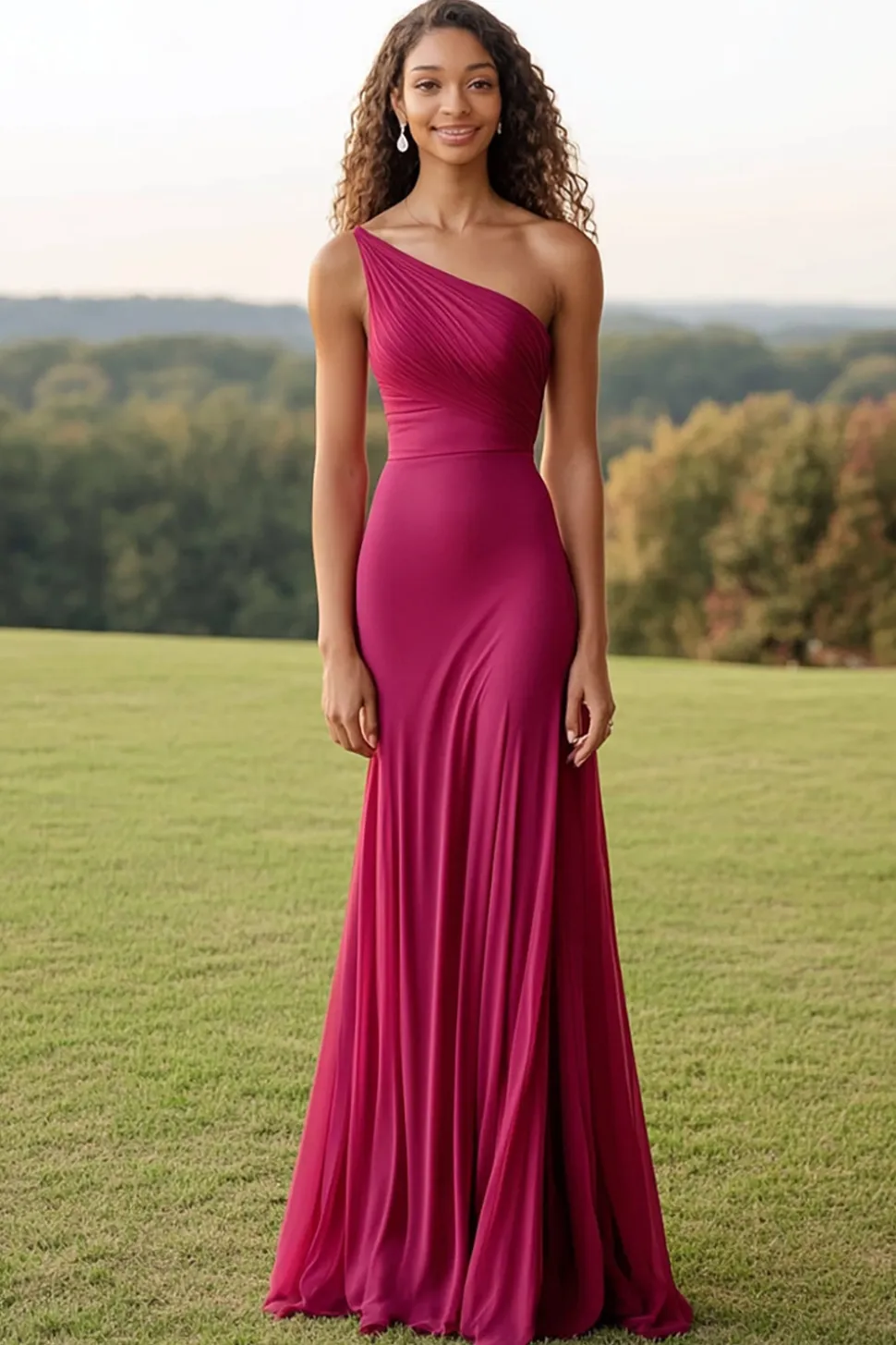 Sereia Púrpura Vermelho plissado Um Ombro Longo Vestido Formal