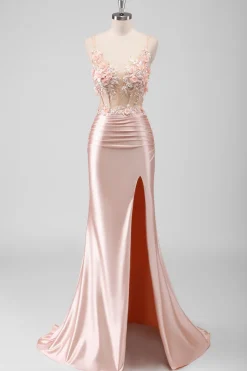 Sereia Pêssego Espartilho Floral Vestido Longo Baile de Formatura com Fenda