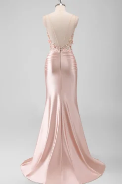 Sereia Pêssego Espartilho Floral Vestido Longo Baile de Formatura com Fenda