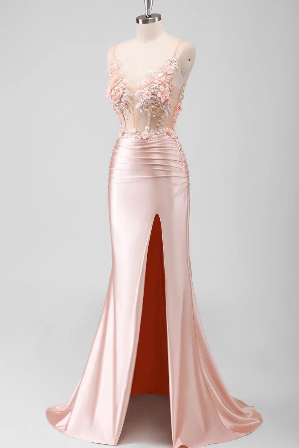 Sereia Pêssego Espartilho Floral Vestido Longo Baile de Formatura com Fenda