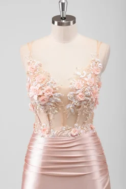 Sereia Pêssego Espartilho Floral Vestido Longo Baile de Formatura com Fenda