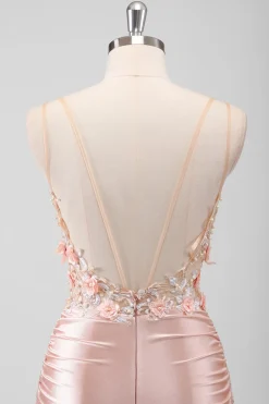Sereia Pêssego Espartilho Floral Vestido Longo Baile de Formatura com Fenda
