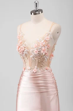 Sereia Pêssego Espartilho Floral Vestido Longo Baile de Formatura com Fenda