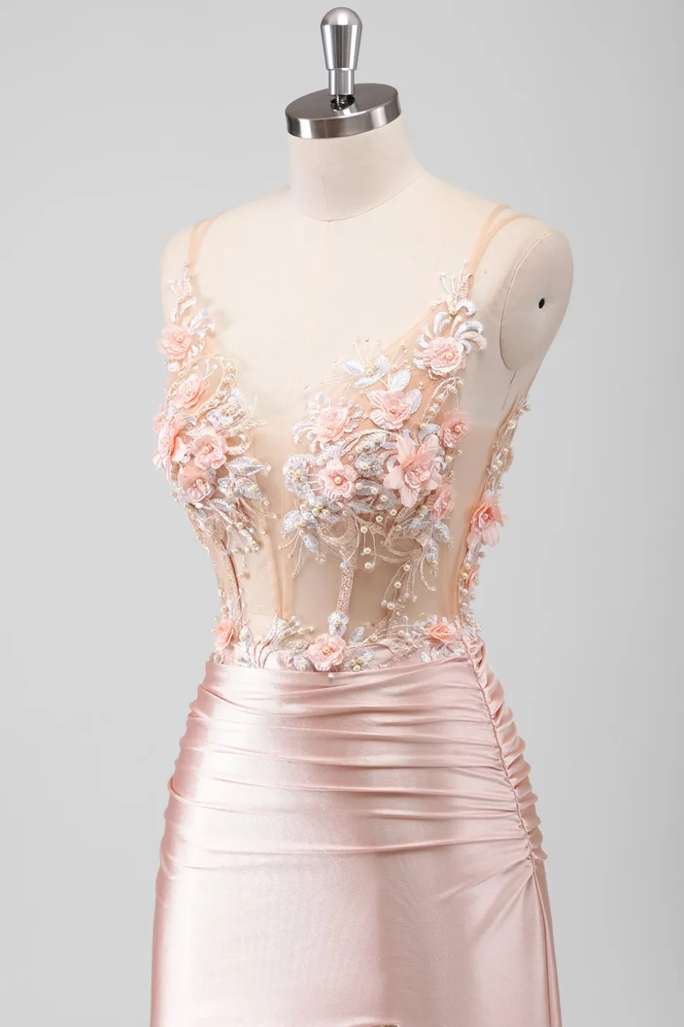 Sereia Pêssego Espartilho Floral Vestido Longo Baile de Formatura com Fenda