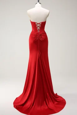 Sereia querida espartilho vermelho longo vestido de baile com fenda