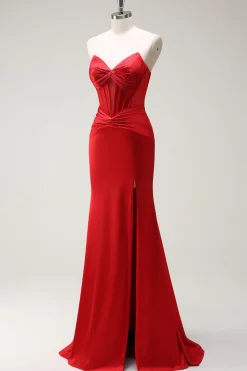 Sereia querida espartilho vermelho longo vestido de baile com fenda