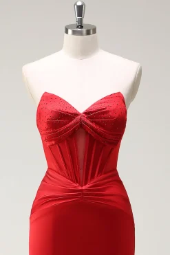 Sereia querida espartilho vermelho longo vestido de baile com fenda
