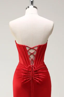 Sereia querida espartilho vermelho longo vestido de baile com fenda