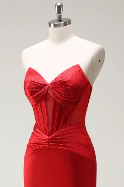 Sereia querida espartilho vermelho longo vestido de baile com fenda