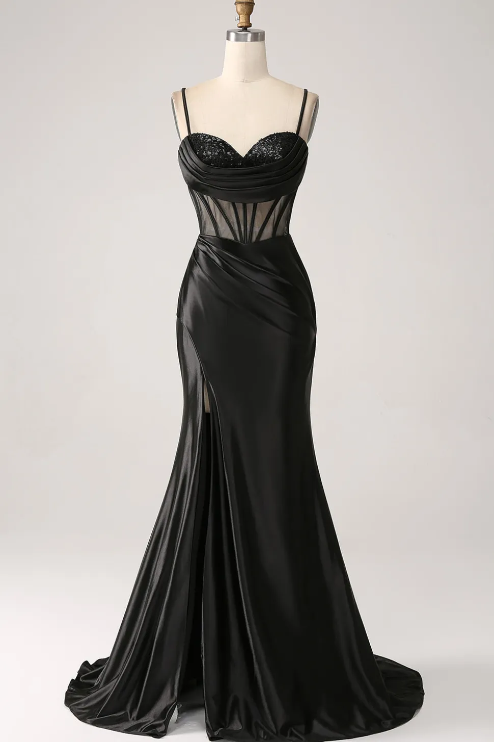 Sereia querida preto cetim longo vestido de baile com missangas