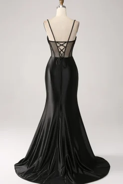 Sereia querida preto cetim longo vestido de baile com missangas