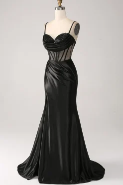 Sereia querida preto cetim longo vestido de baile com missangas