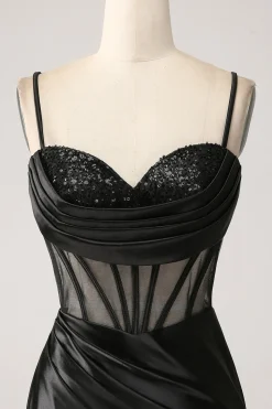 Sereia querida preto cetim longo vestido de baile com missangas