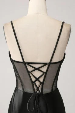 Sereia querida preto cetim longo vestido de baile com missangas