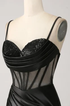 Sereia querida preto cetim longo vestido de baile com missangas